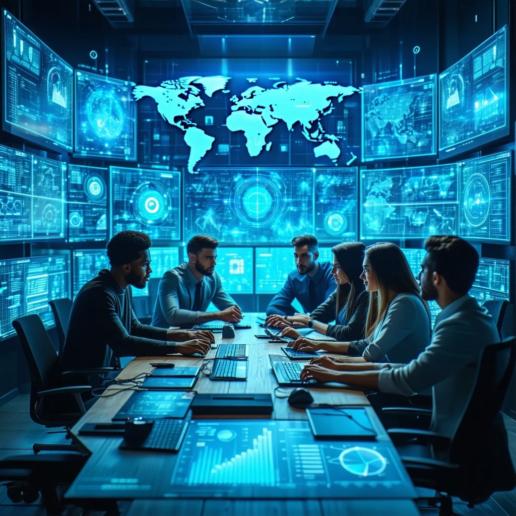 The image depicts a futuristic cybersecurity command center filled with multiple highresolution screens displaying complex graphs threat maps and realtime data analytics In the foreground a diverse group of cybersecurity professionals both men and wo