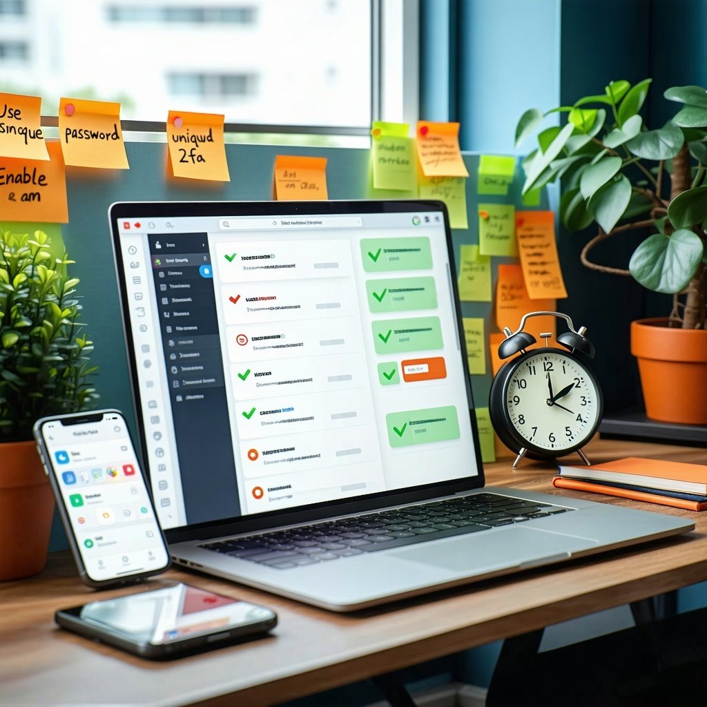 The image depicts a modern digital workspace featuring a sleek laptop open to a password management application The screen displays a colorful interface with various password entries each marked with green checkmarks indicating strength Surrounding t