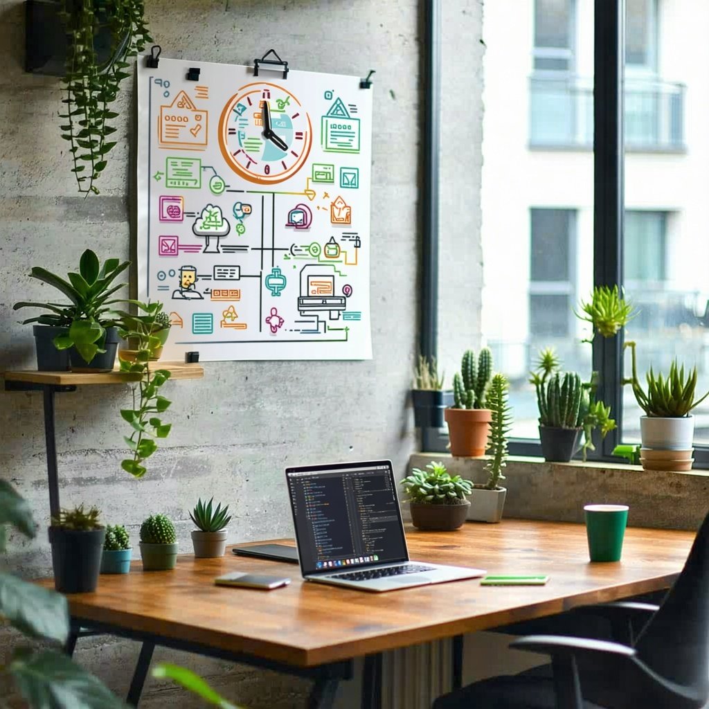 The image depicts a small business office environment modern yet cozy A wooden desk is cluttered with a laptop a notepad and a coffee cup symbolizing a busy workday A large window lets in natural light illuminating the room filled with plants and mot-2